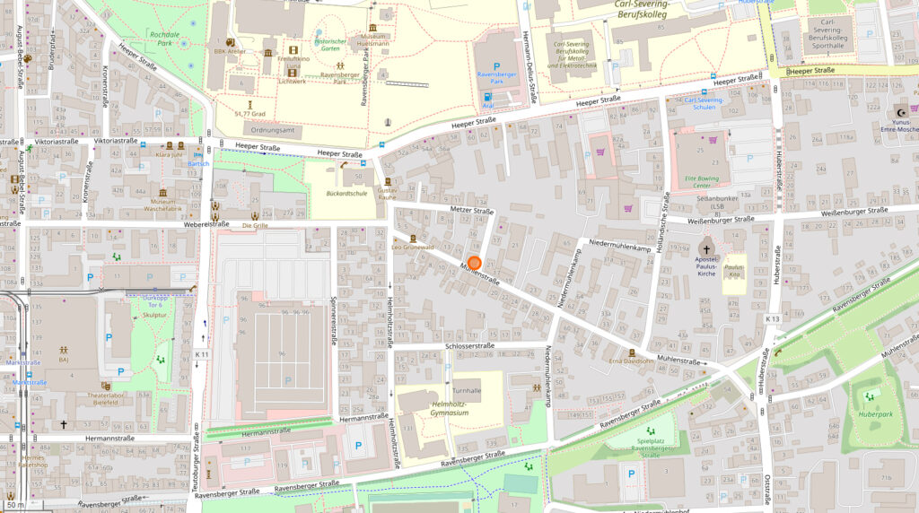 Eine Karte der Umgebung des Lokals. Das Lokal ist an der Ecke der Metzer Straße zur Mühlenstraße markiert.