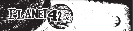 Das Logo von Planet 42. Es ist schwarz-weiß und drei Planeten sind abgebildet. Links steht "Planet 42 e.V."